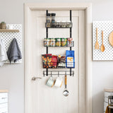 Over the Door Pantry Organizer 3 Tier Hanging Basket Back Door Storage Rack Shelf Metal Over the Door Shelves with 3 Baskets and 5 Hooks for Bathroom Kitchen Pantry Bedroom, Black ETELI