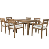 Quarte Farmhouse 7 Piece Acacia Wood Outdoor Dining Table Set with 1 Rectangular Table and 6 Upholstered Chairs,for Patio Lawn Garden Backyard Balcony (Burly Wood&H) Quarte