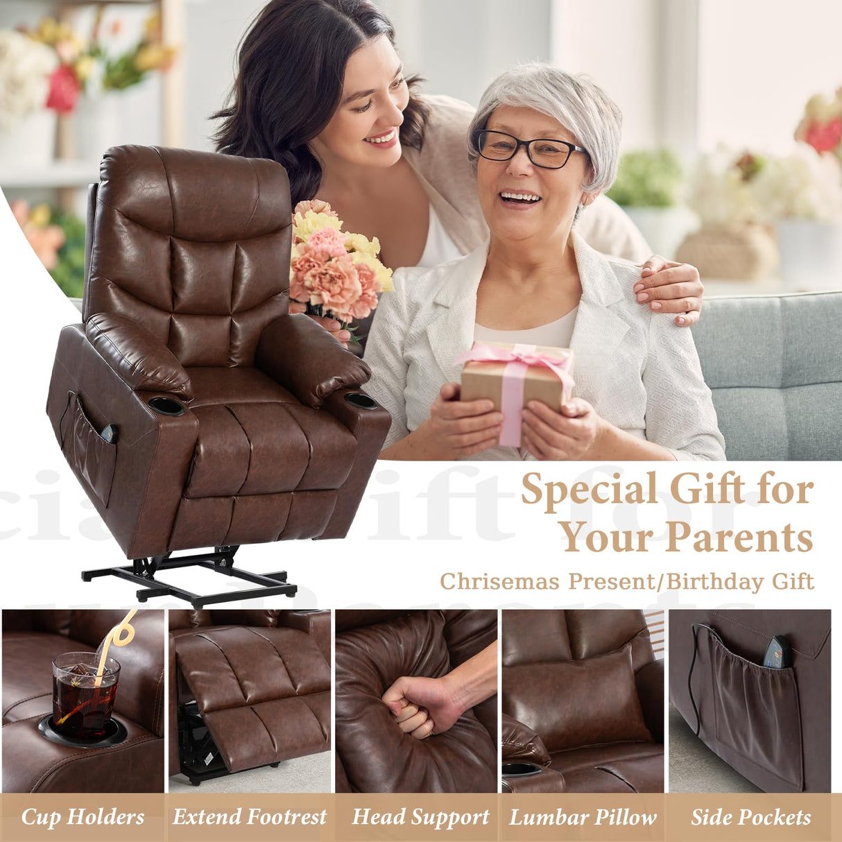 OQQOEE Power Lift Recliner Chair, Electric Recliners Chair for Elderly, PU Leather Massage Chair with Heat, Ergonomic Single Lounge Sofa Home w/Cup Holder, Theater Seating with 2 Pockets/USB OQQOEE