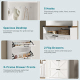 Farmhouse Shoe Cabinet with Coat Rack, Tall Shoe Cabinet with 2 Flip Drawers, Narrow Hidden Shoe Storage Cabinet, 2 in 1 Hall Tree Slim Freestanding Shoe Rack Organizer for Entryway, LED Light, White RALGEND