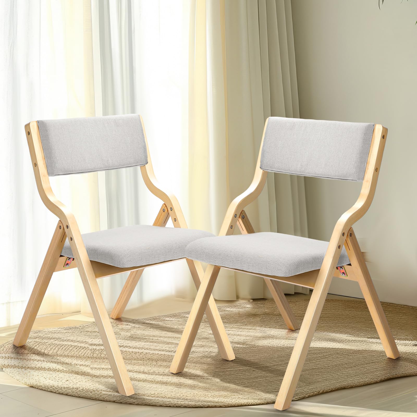 Menkxi Wooden Folding Chairs Set of 2 Folding Dining Chairs Foldable Chair with Padded Seats and Removable Covers Fold Chairs for Inside Outside Home Office Patio (Light Grey) - WoodArtSupply