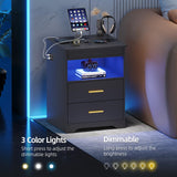 Gurexl LED Nightstand with Gun Drawer, Modern Beside Table with Charging Station, Auto Sensor 3 Color Dimmable Night Stand with Open Compartment for Bedroom Gurexl
