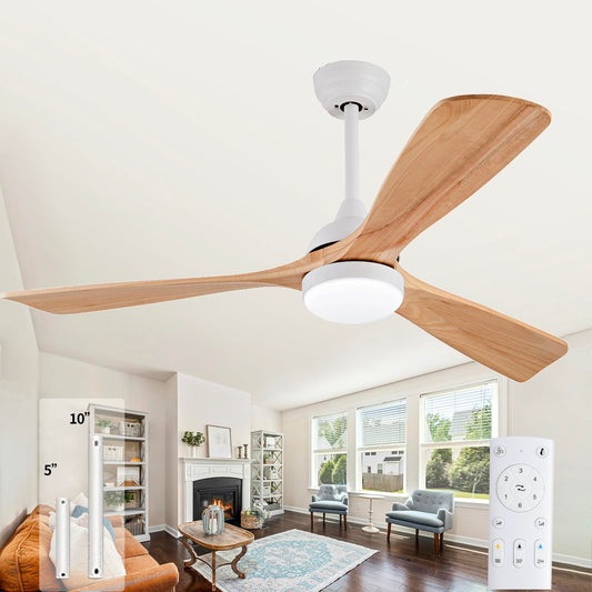 KATSTLE 52 Inch Solid Wood Ceiling Fan with Light Remote Control, 3 Blades Dimmable Modern Propeller Natural Wooden Noiseless Ceiling Fan for Indoor,Outdoor,Bedroom,Living Room,Farmhouse,Patio