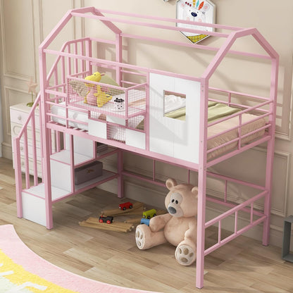 Virubi Twin Kids Loft Bed with Stairs, Low Loft Bed with Roof, Safety Rail and Storage Box, Metal Loft Bed with Storage House Loft Bed for Kids Girls (Pink)