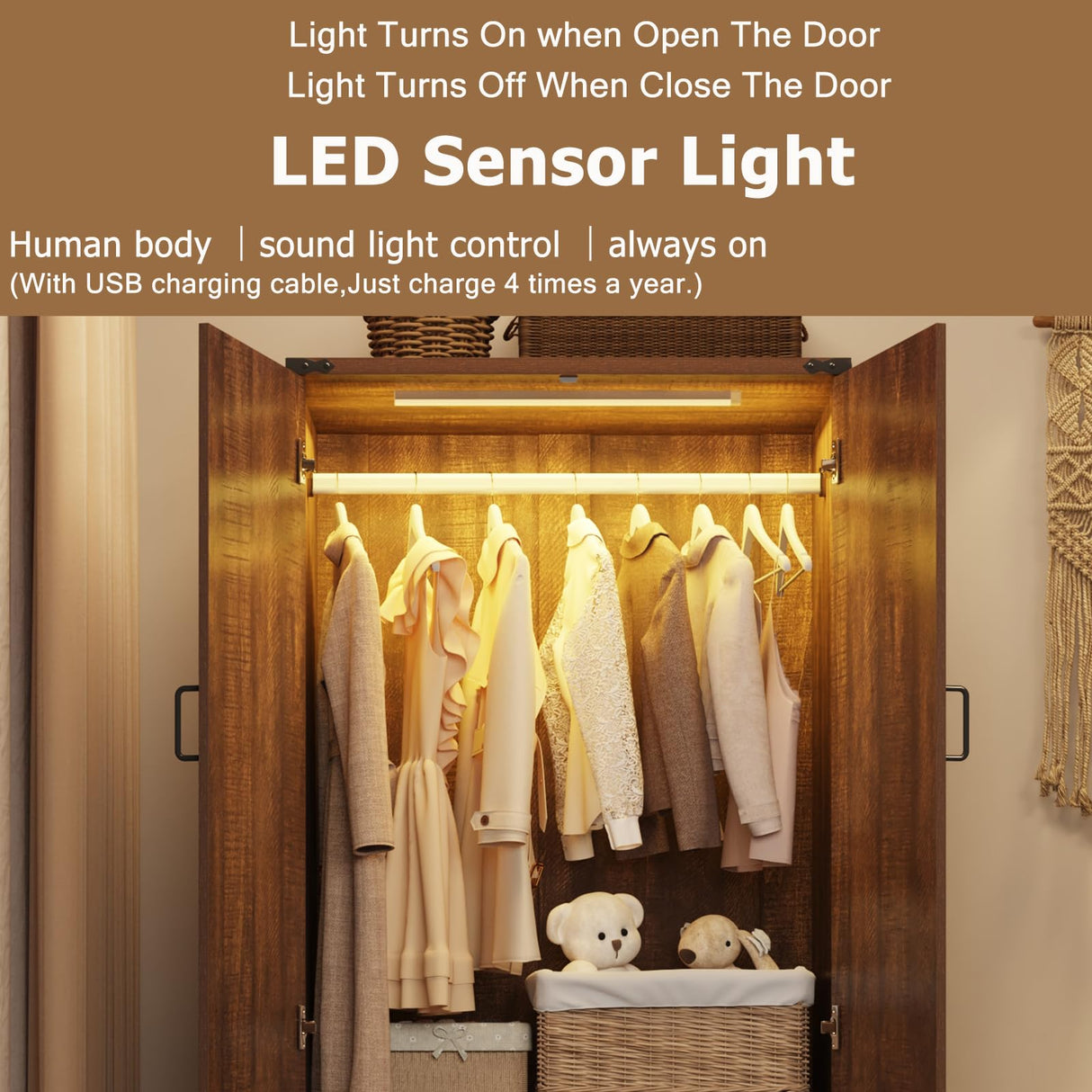 75" Tall Farmhouse 2 Doors Armoire Wardrobe Closet with LED,Freestanding Closet Wardrobe Cabinet for Bedroom with Hanging Rod,Wooden Armoire Storage Cabinet with Adjustable Shelves(Brown) Hlivelood