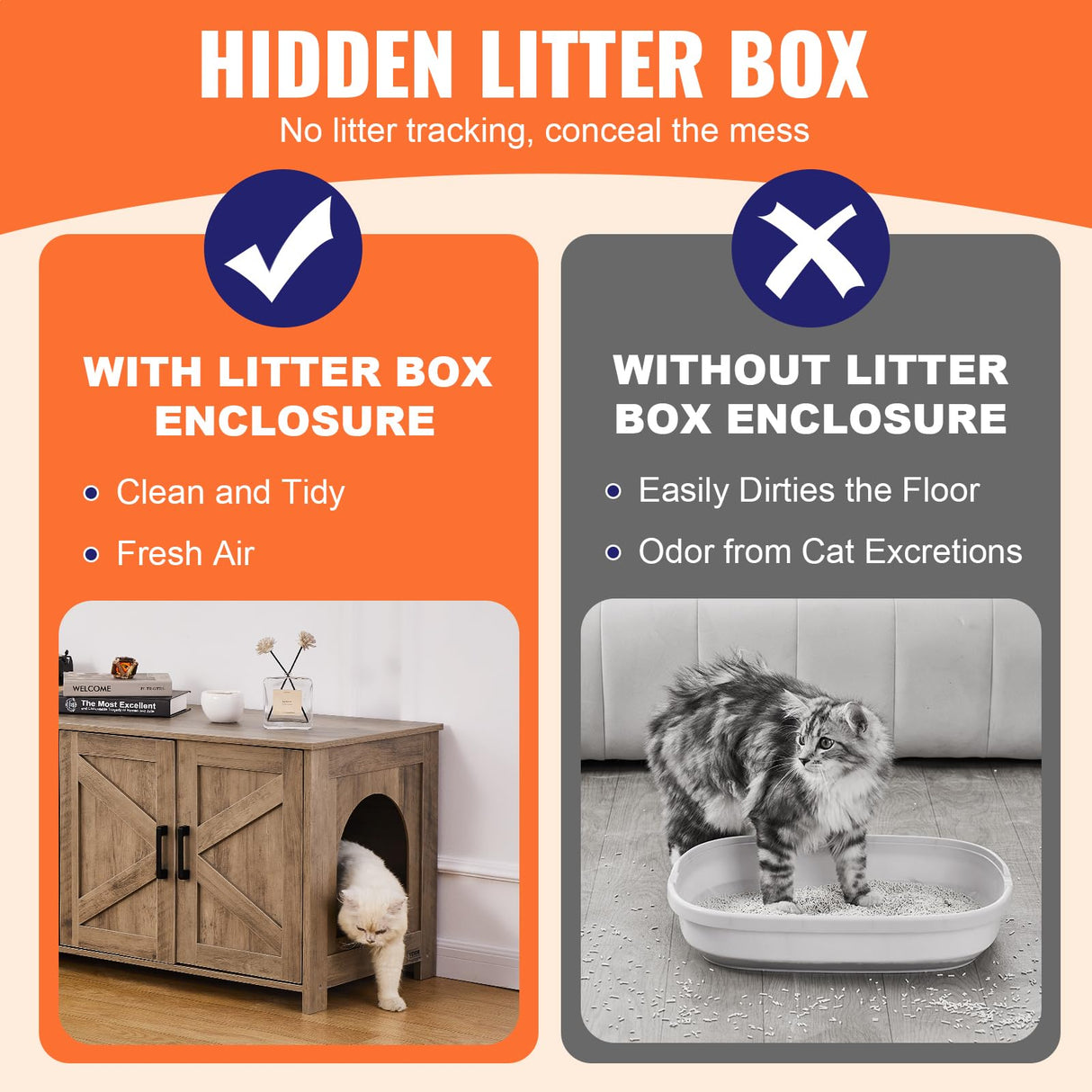 VEVOR Cat Litter Box Enclosure for 2 Cats, Litter Box Furniture Hidden with Double Rooms, Wooden Cat Box Cabinet Fit Most of Litter Box, 47.2" L x 18.5" W x 19.7" H, Greige VEVOR