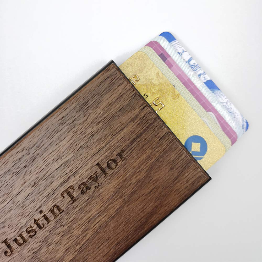 MOJIA Personalized Pop Up Wallet, Custom Engraved Wooden Metal Credit Card Holder for Men and Women, RFID Blocking Mini Bank Card Holder Case, Perfect Gifts (Walnut) MOJIA