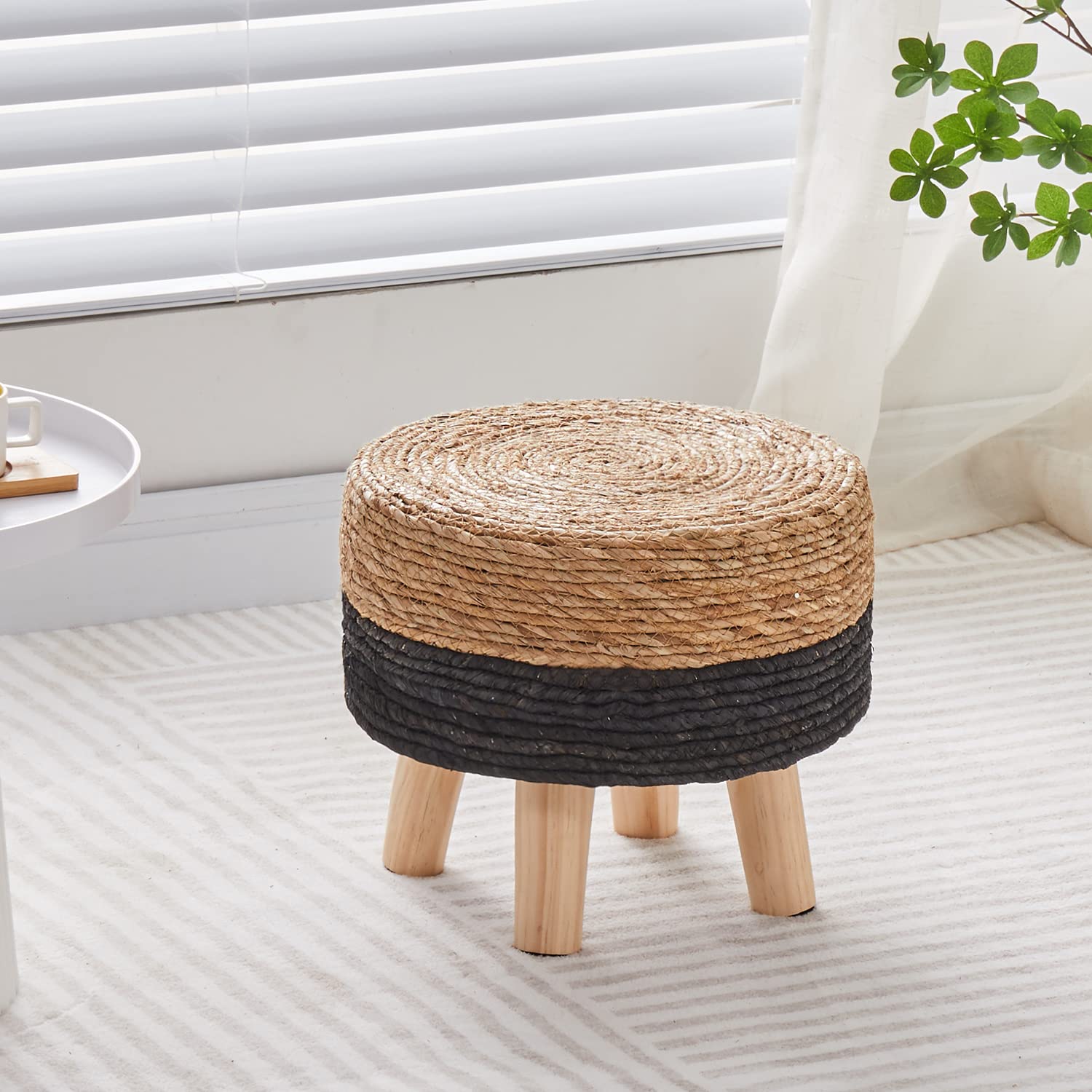 Cpintltr Ottoman Natural Seagrass Footrest Poufs Hand Weave Round Foot Stool for Couch Desk Soft Step Stool Padded Foot Rest with Pine Legs for Living Room Bedroom Natural/Black - WoodArtSupply