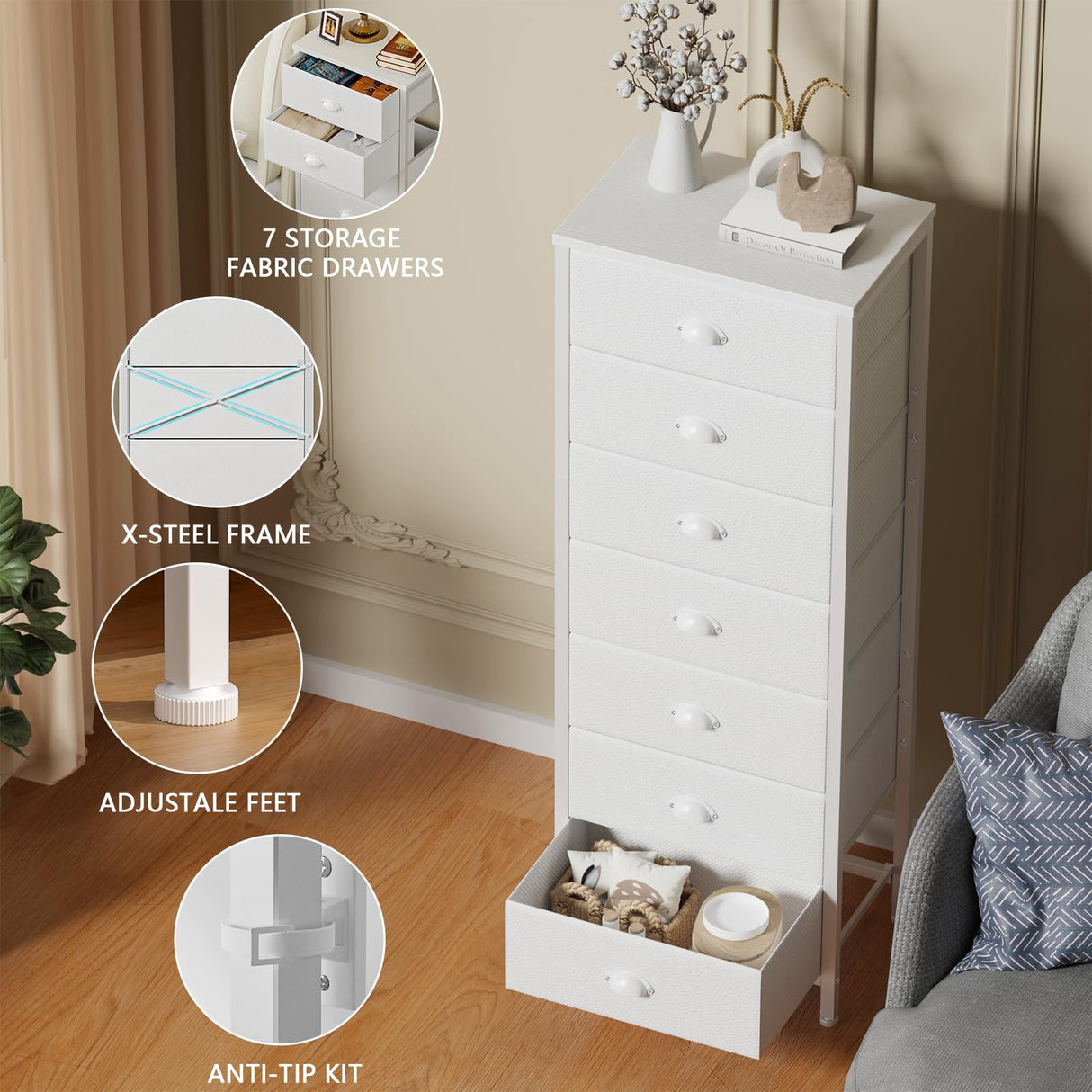 Furnulem White Tall Dresser for Bedroom with 7 Drawers, Vertical Chest of Drawer in Closet, Nightstand Storage Tower Unit Organizer with Fabric Bins for Dorm,Living Room,Entryway,Hallyway Furnulem