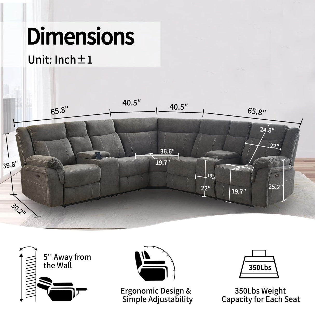 Power Reclining Sofa with Fabric Upholstery, 2 Consoles, USB Port and Cup Holders, Sectional Reclining Couch for Living Room Secsofier