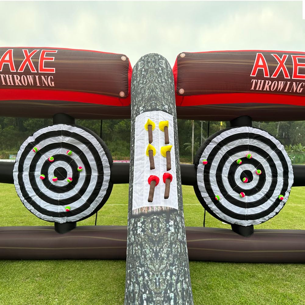 Dual Inflatable Axe Throwing Inflatable Ball Toss Target Dart Board with 24 Axes+16 Toss Ball+ 8 Soccer Balls for Interactive Sport Games, Double Darts for 2 Players WoodArtSupply