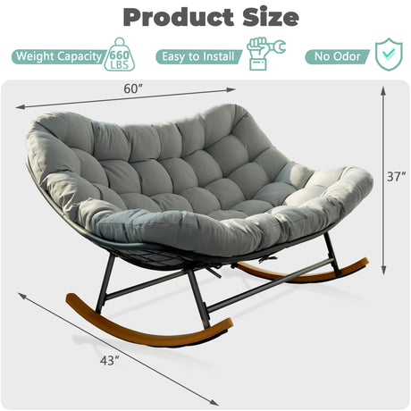 TIMWNER Double Papasan Patio Rocking Chair,Double Oversized Papasan Rocking Chair with Thick Cushions,Perfect for Indoor, Patio, or Balcony Use, Modern Outdoor Loverseat for Two.Grey TIMWNER