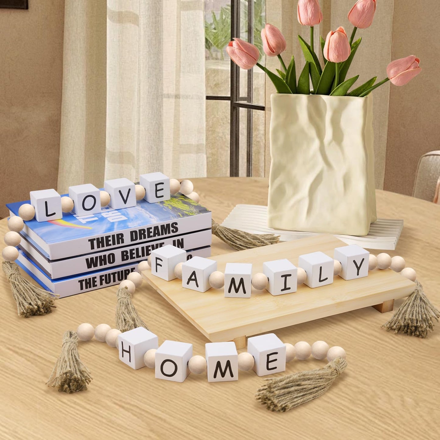 Set of 3 Wood Home Love Family Block Bead Garland with Tassels, Modern Farmhouse Rustic Wooden Letter Decorative Beaded Garland for Shelf, Tiered Tray, Coffee Tabletop, Mantel, Table Decor（Burlywood