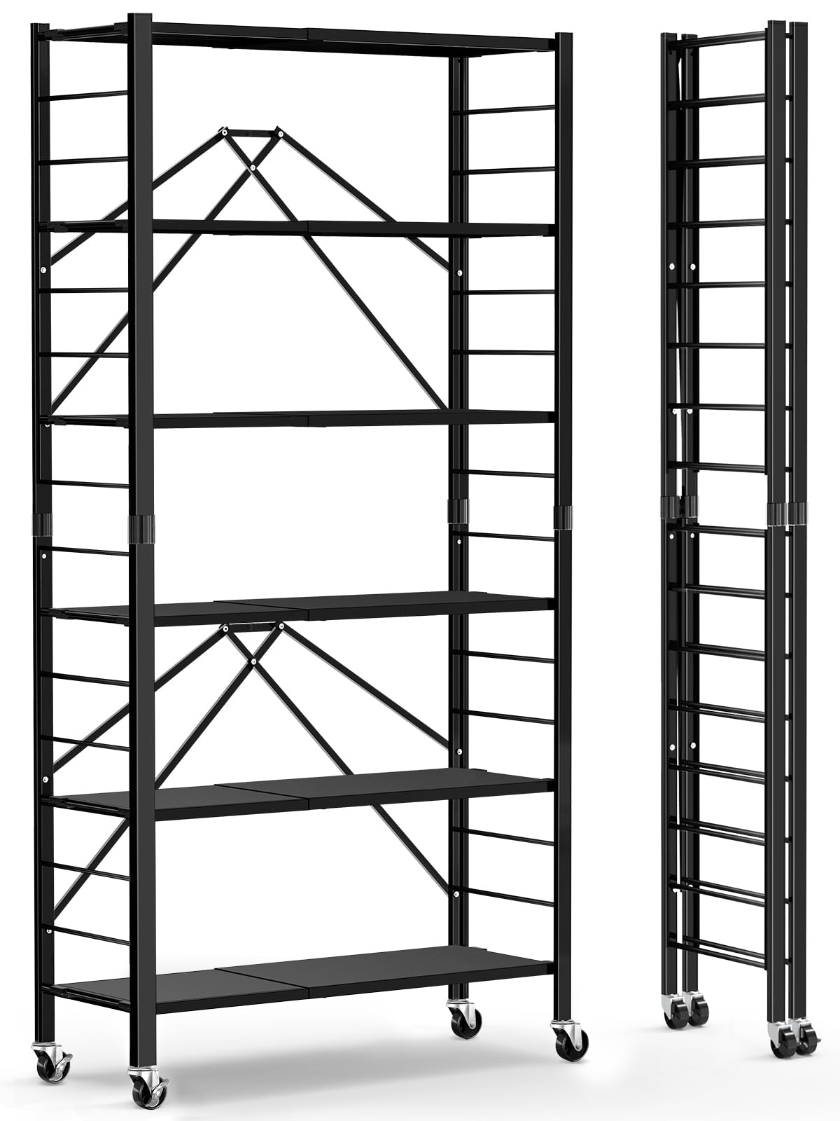 Himix 6 Tier Foldable Storage Shelves, Expandable Folding Bookshelf with Wheels, Changeable into 2 Shelf Units, Collapsible Adjustable Storage Rack Metal Shelves for Garage, Kitchen, Black Himix