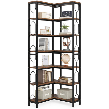 LITTLE TREE Corner Shelf, 7-Tier Industrial Corner Bookshelf, Wood and Metal Corner Etagere Bookcase, Freestanding Display Shelf for Living Room, Kitchen, Home Office, Brown LITTLE TREE