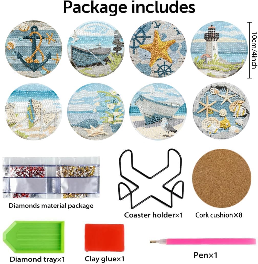 Summer Beach Diamond Art Coaster Kit with Holder,8pcs Diamond Painting Coaster,Gem Art Coasters Kit for Home Wall Decor Amshem