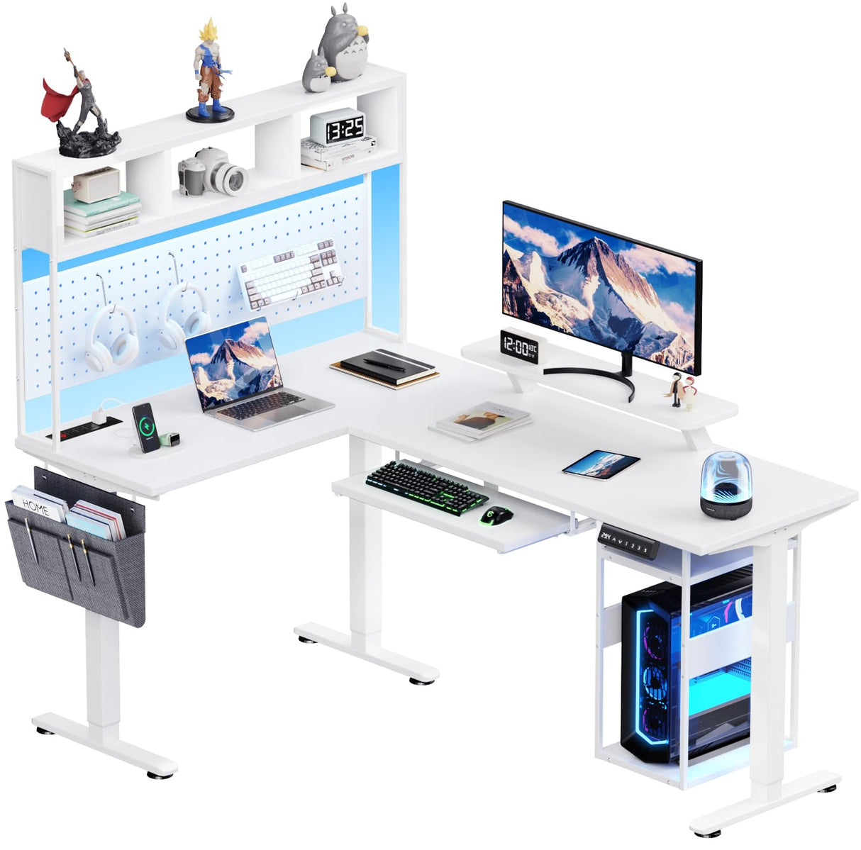 Flycity Electric L Shaped Standing Desk Adjustable Height, 67" x 47" Corner Computer Desk with Host Shelf, Gaming Desk with LED Lights & Power Outlet, Dual Motor Home Office Desk with Storage, White Flycity