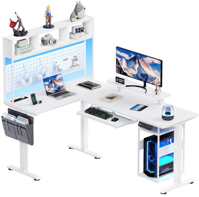 Flycity Electric L Shaped Standing Desk Adjustable Height, 67" x 47" Corner Computer Desk with Host Shelf, Gaming Desk with LED Lights & Power Outlet, Dual Motor Home Office Desk with Storage, White