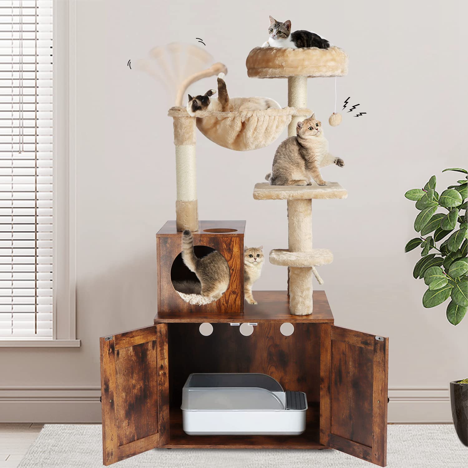 Timberer Cat Tree with Litter Box Enclosure, 2-in-1 Cat Tower for Indoor Cats, Large Cat Furniture, Wood Cat Condo with Basket, Scratching Posts, Pompoms, Rustic Brown - WoodArtSupply