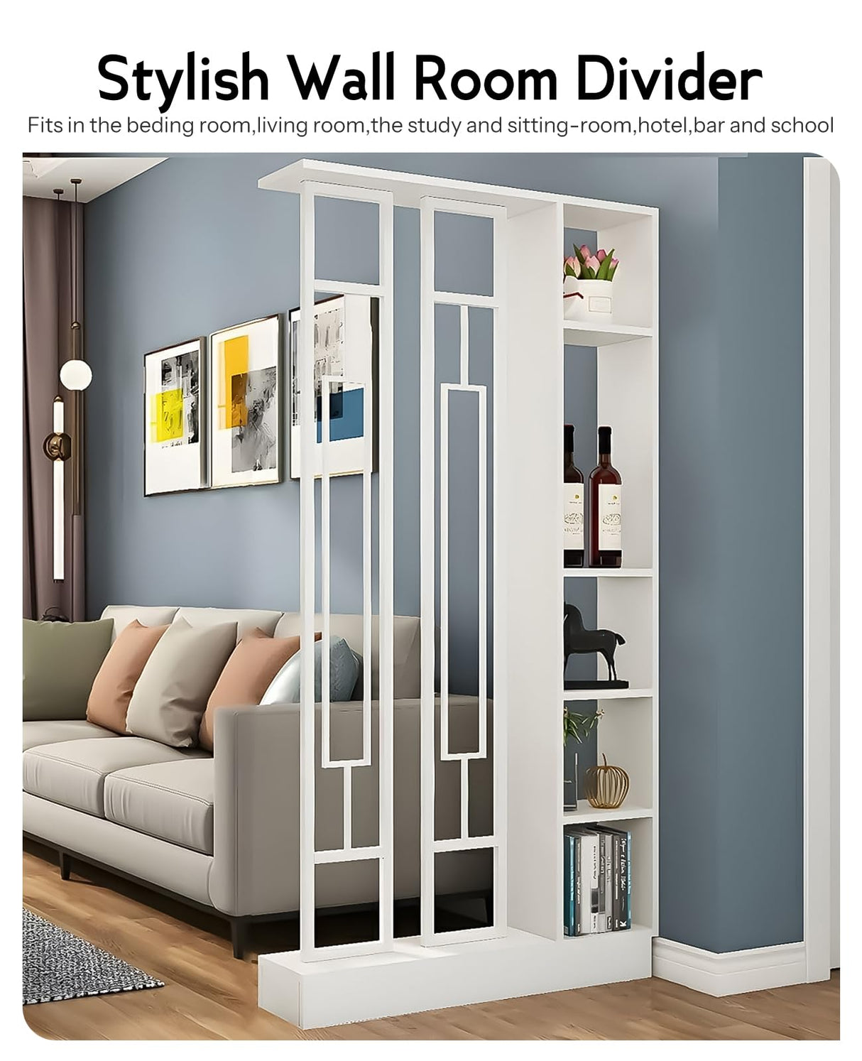 Kavie Wall Room Divider Bookshelf, Modern Wood Bookcase with Translucent Screens Storage Cabinet for Stylish Home Office Decor Display (White,31.5" L x 9.5" W x 79.5" H) Kavie