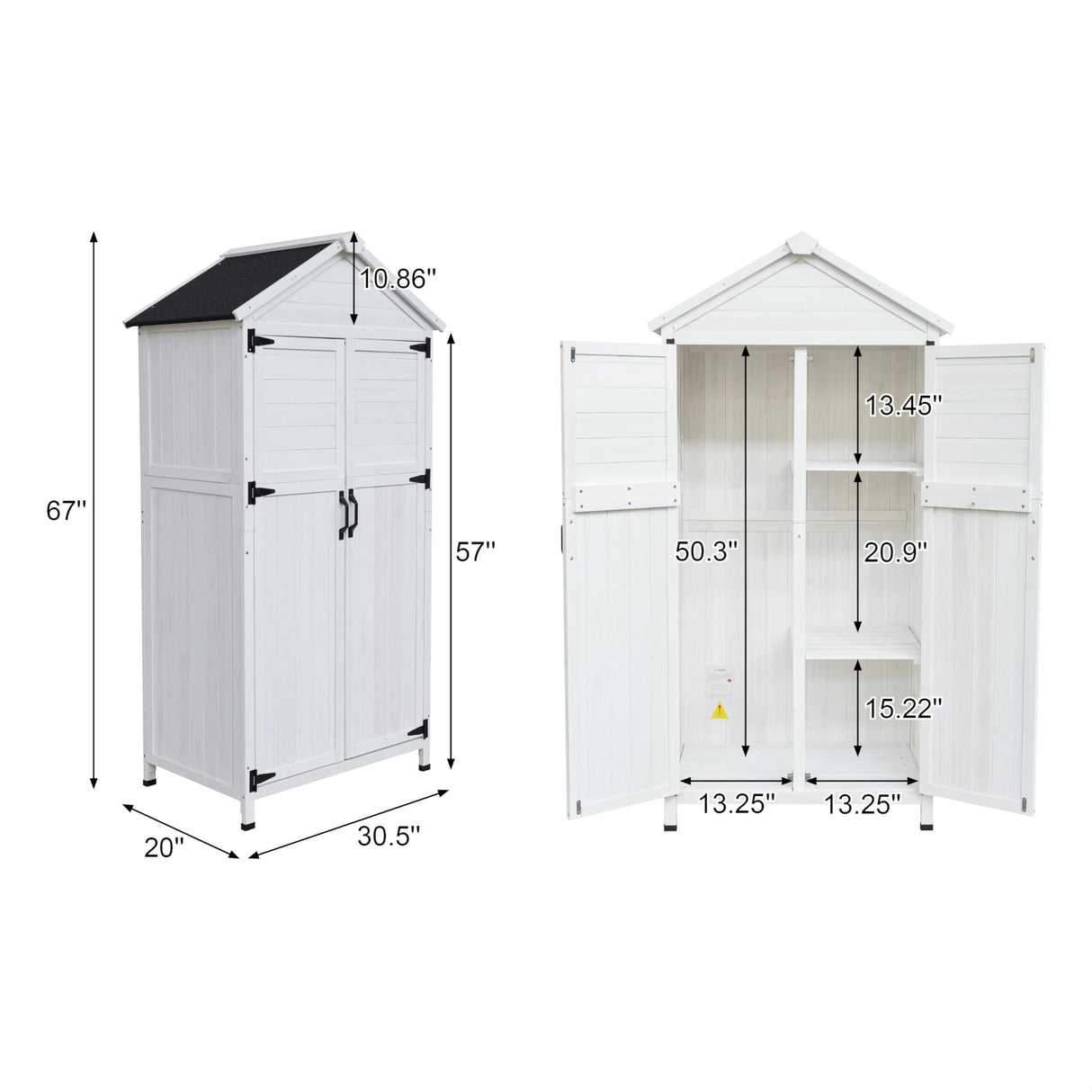 GDFStudio 67" Fir Wood Storage Shed 2 Doors Design Outdoor Tool Storage House Cabinet with Sloped Roof & 4 Interior Compartments for Garden Patio Backyard, White GDFStudio