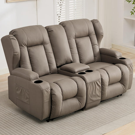 RV Loveseat Recliner with Console,Reclining Loveseat Sofa Wall Hugger Recliners for Small Spaces,Double Manual Recliner Couches with Cup Holders for Living Room Furniture (Fabric, Khaki) Generic