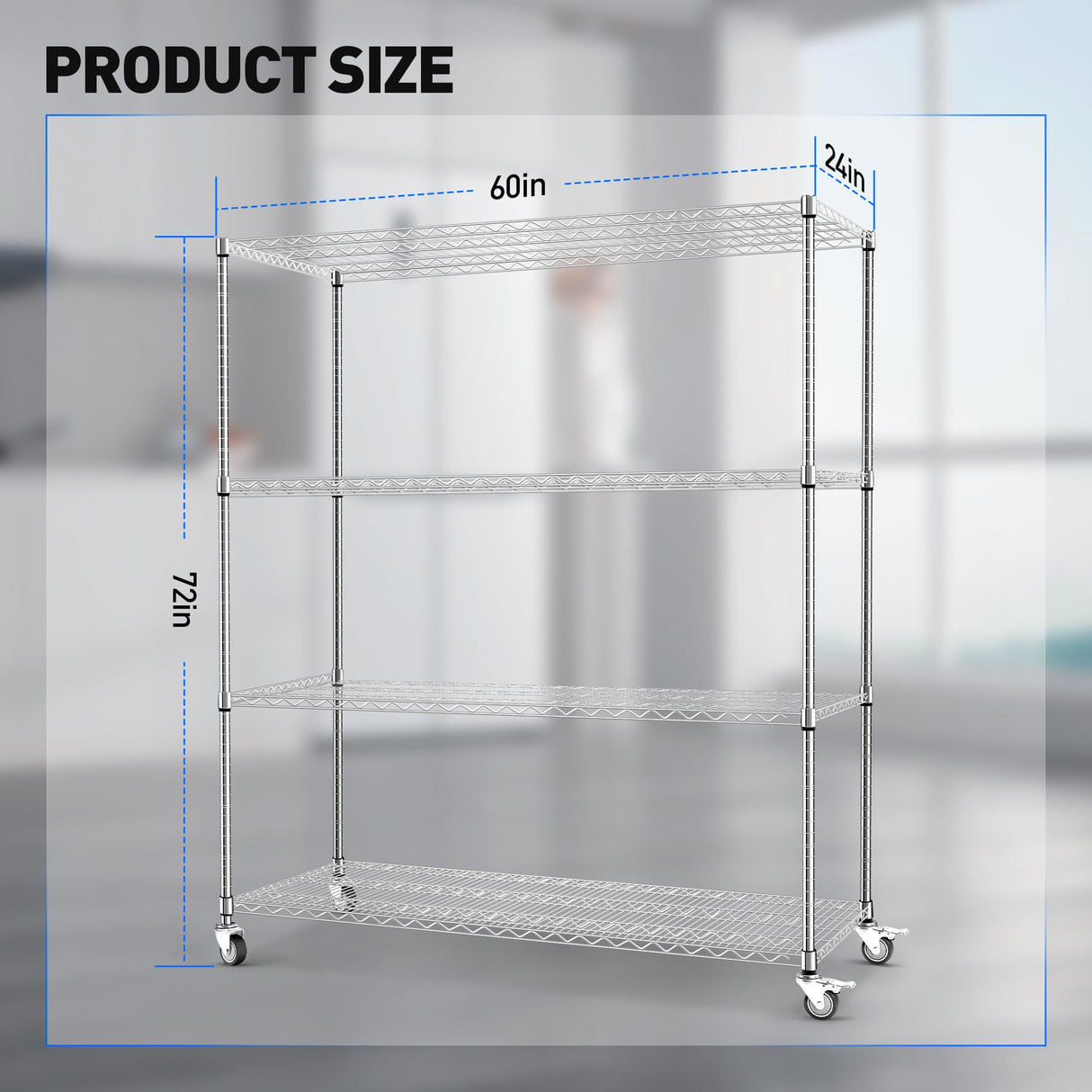 Rengue Wire Shelving with Wheels, 60"x 24"x72" Metal Storage Shelves, 4-Tier Heavy Duty Garage Storage Shelves, Chrome 2400LBS Capacity Wire Shelf Rack for Restaurant, Garage, Pantry, Kitchen Rengue