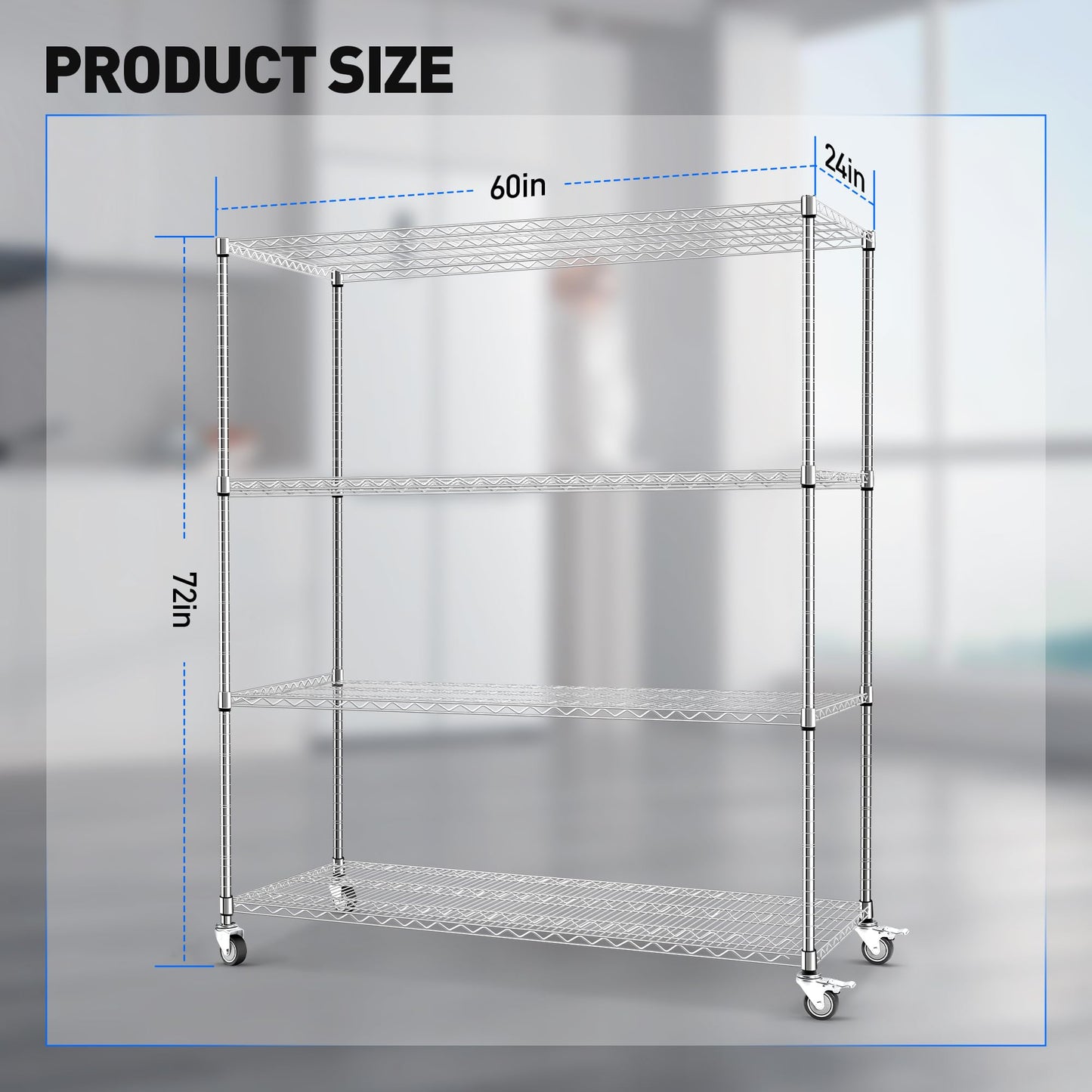 Rengue Wire Shelving with Wheels, 60"x 24"x72" Metal Storage Shelves, 4-Tier Heavy Duty Garage Storage Shelves, Chrome 2400LBS Capacity Wire Shelf Rack for Restaurant, Garage, Pantry, Kitchen