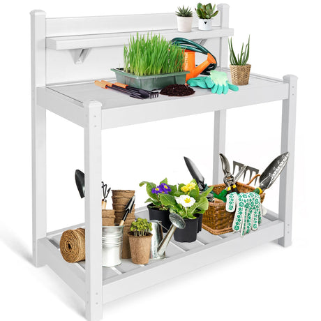 EAGLE PEAK Outdoor Indoor Maintenance Free Vinyl Garden Potting Bench, Waterproof Potting Table with Open Shelf, Lower Storage, 40inx21.6inx43.9in, White EAGLE PEAK