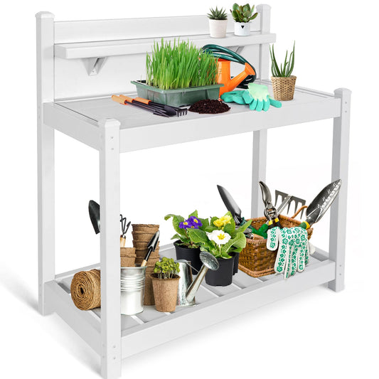 EAGLE PEAK Outdoor Indoor Maintenance Free Vinyl Garden Potting Bench, Waterproof Potting Table with Open Shelf, Lower Storage, 40inx21.6inx43.9in, White