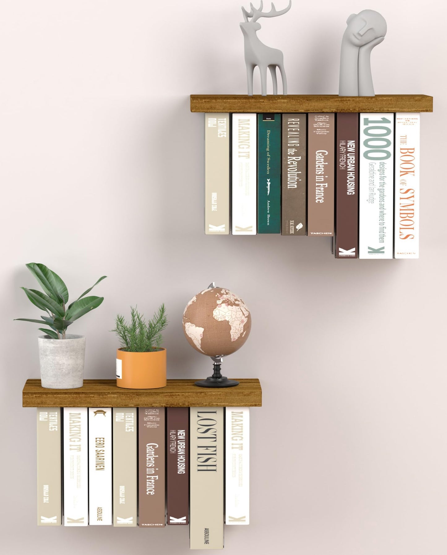 Tohiasen Floating Book Shelves for Wall Mounted Set of 2, Wood Hanging Bookshelf, Book Display Shelf for Wall, Unique Space Saving Book Shelf Wall Book Holder (Brown)