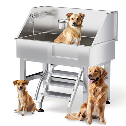 Dog Washing Station, 38" Professional Dog Bathing Station Stainless Steel Dog Grooming Tub Dog Washing Station for Home,Equipped with Three Anti-Slip Steps, Removable Door, Pet Wash Station for Pet