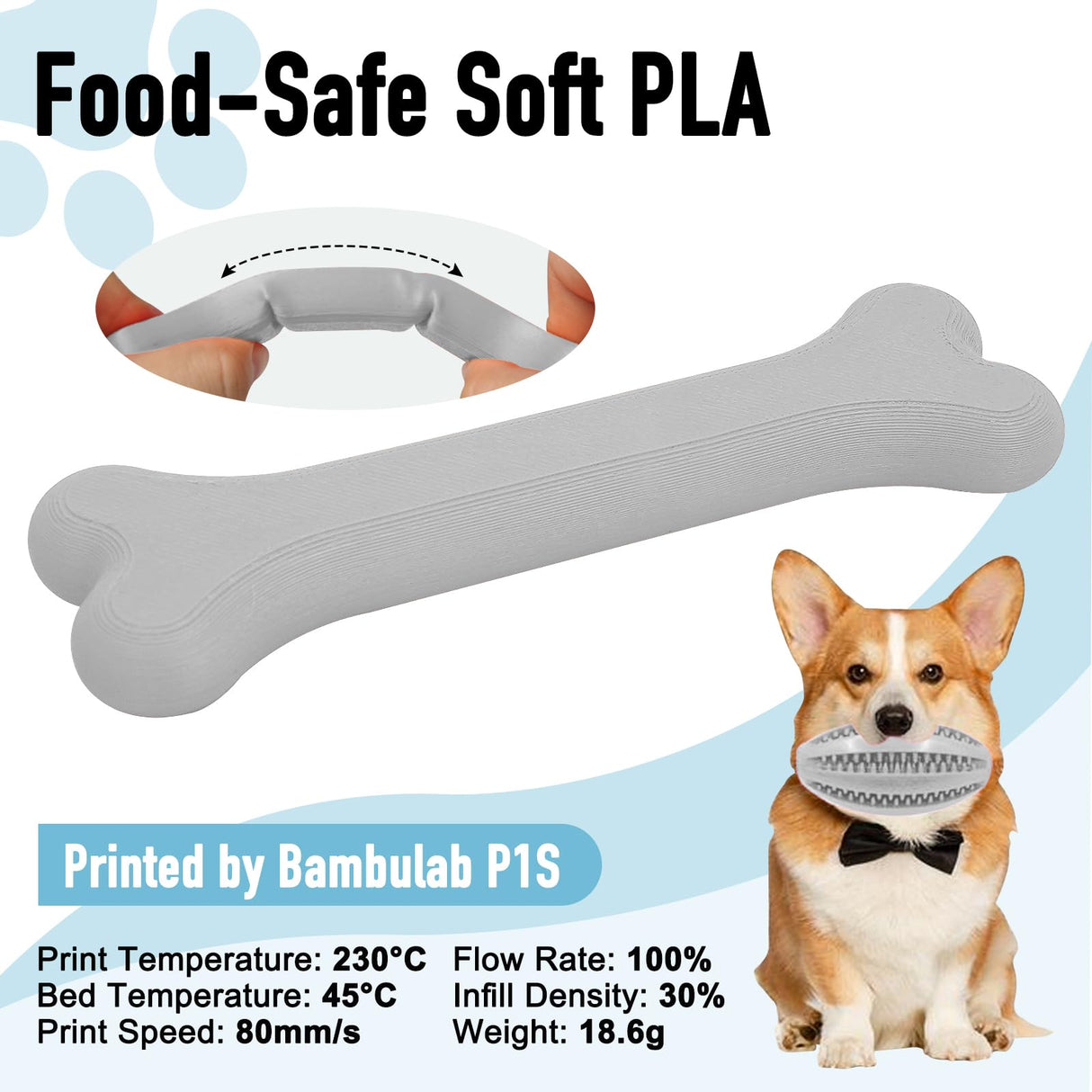 YXPOLYER Flexible PLA Food-Grade Soft PLA 3D Printer Filament 1.75mm 1KG for Printing Dog Chew Toys and Highly Elastic Bouncy Airless Basketball Pet Ball, Light Grey yxpolyer