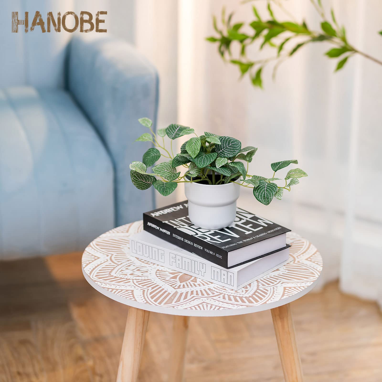 Hanobe Small Round Side Table: Boho End Tables for Living Room Bohemian Accent Bedside Table White Washed Bedroom Nightstand Farmhouse Home Decor Decorative with 3 Wood Legs, Easy Assembly - WoodArtSupply