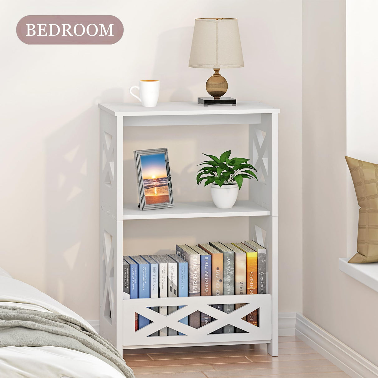 BYFU White Side Table, Small End Table with Storage Shelf, 3-Tier Nightstand Bedside Table Bookshelf Bookcase Display Rack for Small Spaces Bedroom Bathroom Living Room Office BYFU