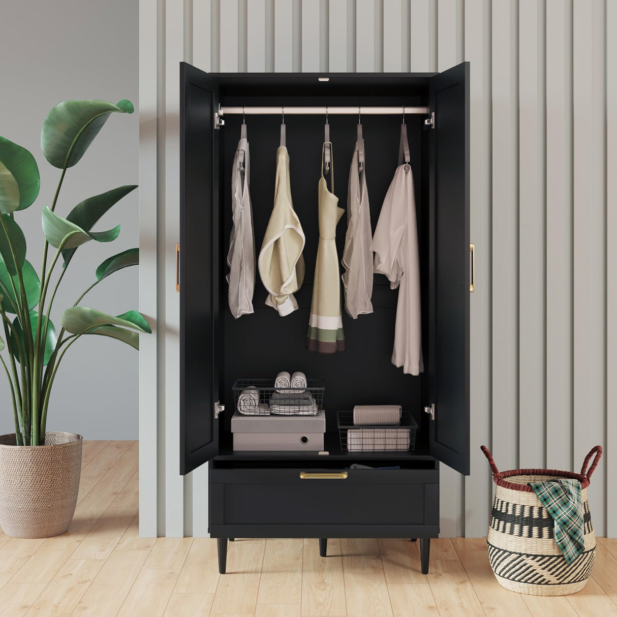 ALBSL Bedroom Armoire Wardrobe Closet with Hanging Rod,60" 2 Door Almirah for Clothes with Drawers,Morden Storage Cabinet,Black ALBSL