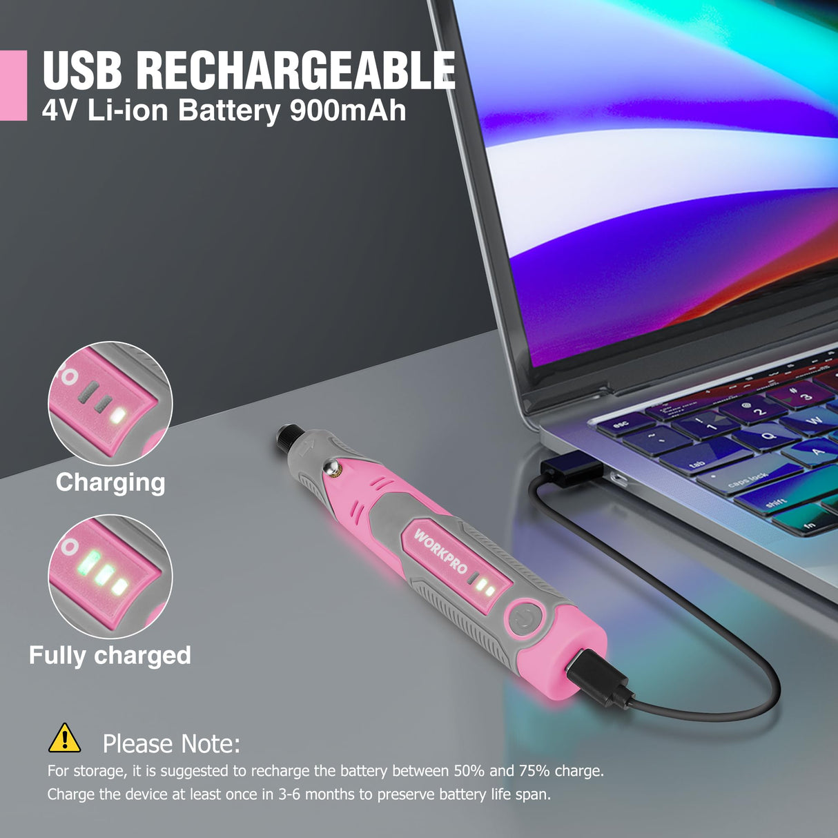 WORKPRO Cordless Rotary Tool Kit with 71pcs Accessories, 3 Variable Speeds, USB Rechargeable Mini Rotary Tool for Engraving, Sanding, Polishing, Carving, Cutting, DIY Crafts - Pink Ribbon WORKPRO