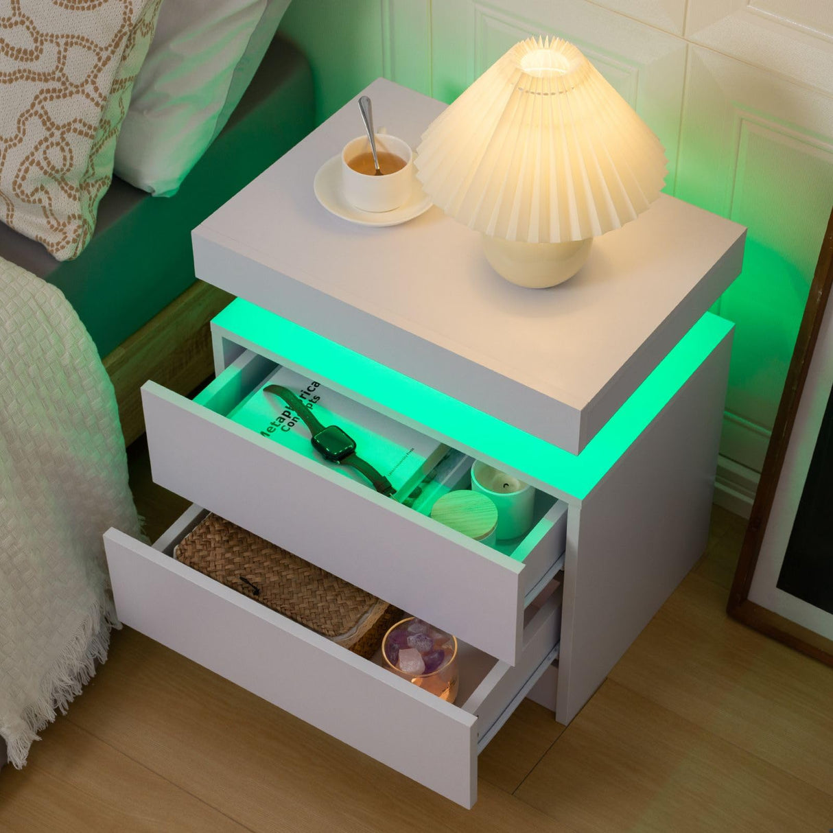 Bingoday LED Nightstands with 2 Drawers, End Table with RGB LED Lights for Bedroom Living Room, White Bedside Table Bingoday