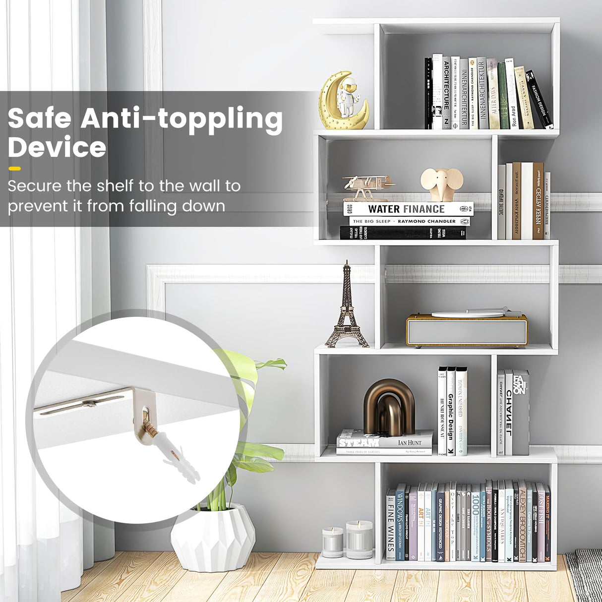Byroce 5-Tier Geometric Bookcase Set of 2, 62.5” Freestanding Room Divider Bookshelf with Open Display Shelves & Anti-tip Device, Wood S-Shaped Storage Organizer for Living Room, Bedroom & Home Office WoodArtSupply