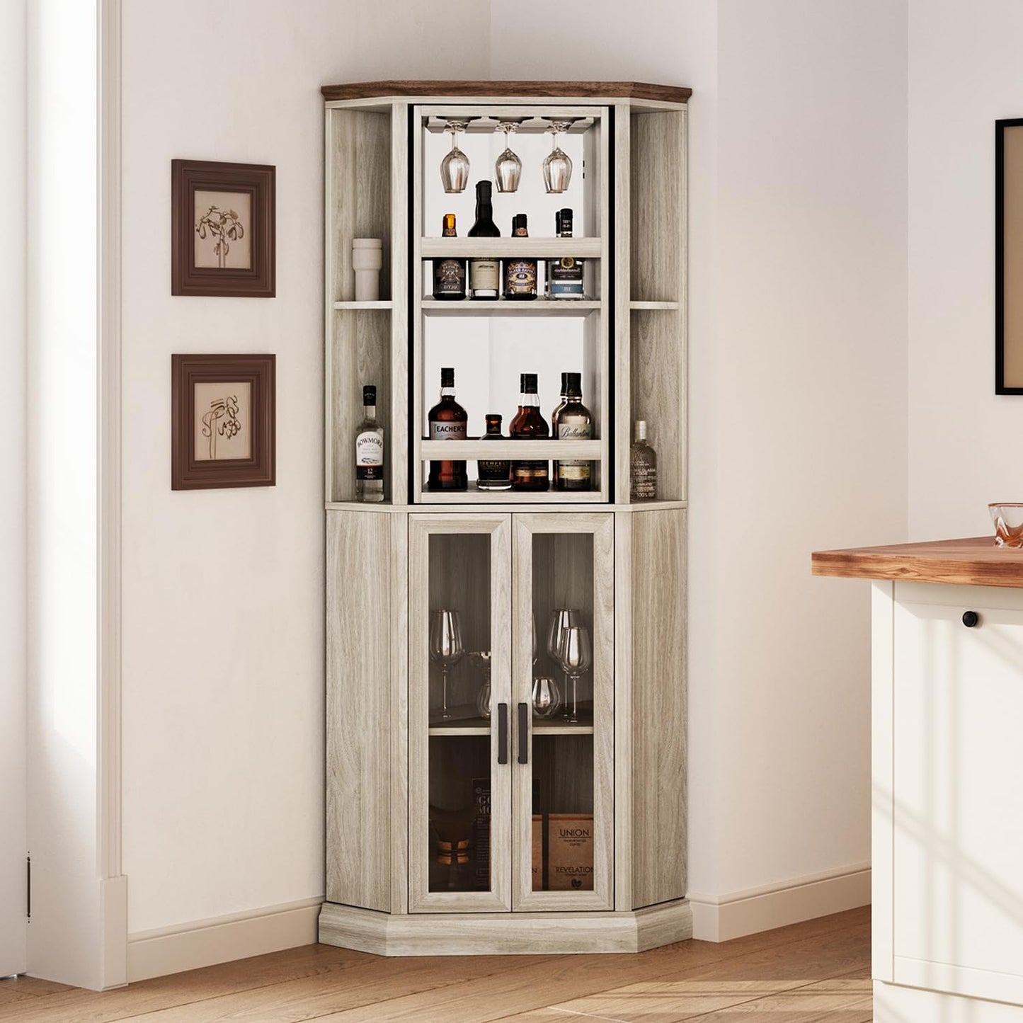 LINSY HOME Corner Bar Cabinet, 68.5" Tall Farmhouse Wine Cabinet with Rotating Liquor Shelves, Home Bar Cabinet with Barn Door & Adjustable Shelves for Dining Room, Living Room, Kitchen, Washed Gray