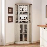 LINSY HOME Corner Bar Cabinet, 68.5" Tall Farmhouse Wine Cabinet with Rotating Liquor Shelves, Home Bar Cabinet with Barn Door & Adjustable Shelves for Dining Room, Living Room, Kitchen, Washed Gray LINSY HOME