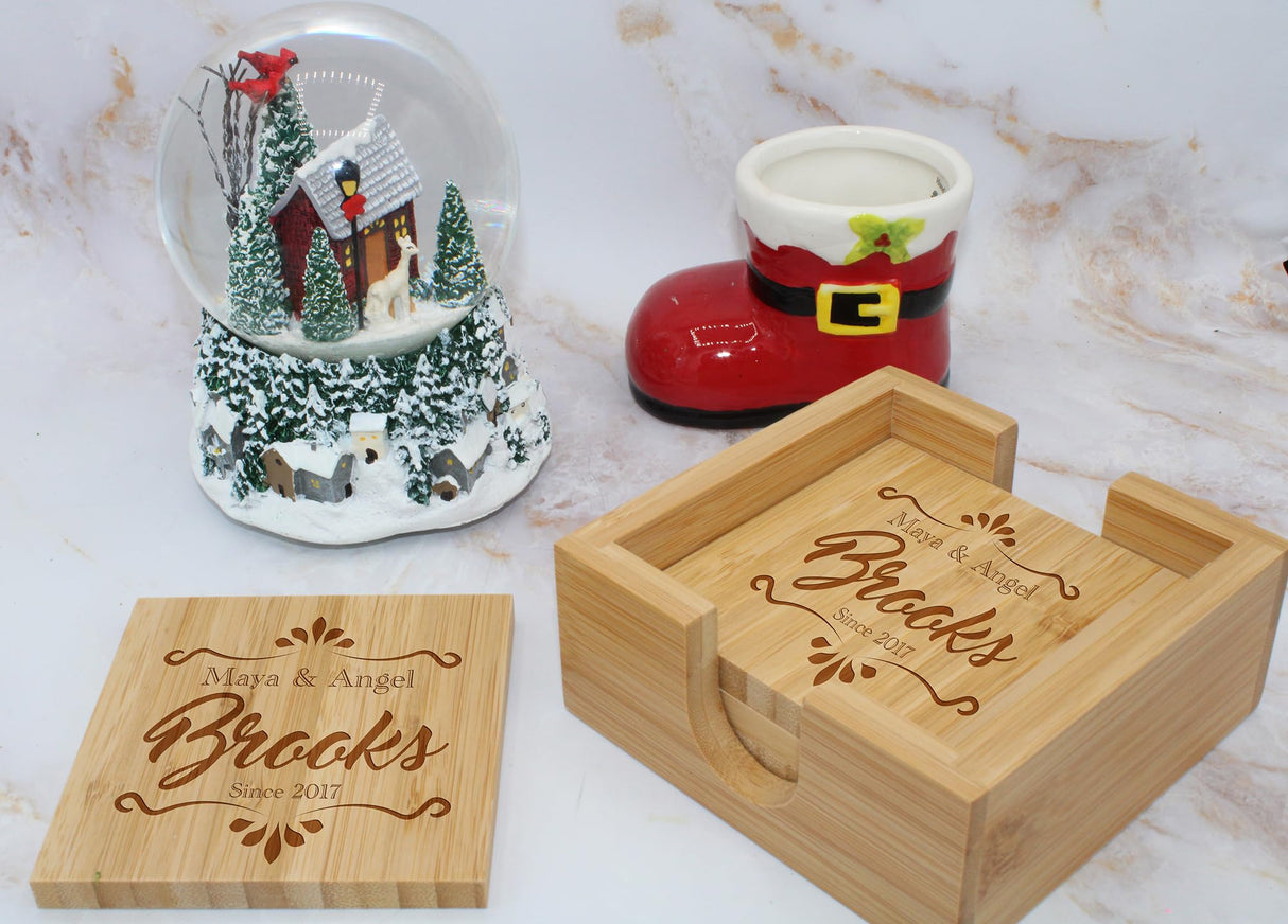 Tayfus Personalized Bamboo Coasters, Set of 4 Square Custom Coaster with Holder, Customized Gift Ideas For Christmas, Anniversary, Housewarming, Birthday, Engagement, Wedding Tayfus