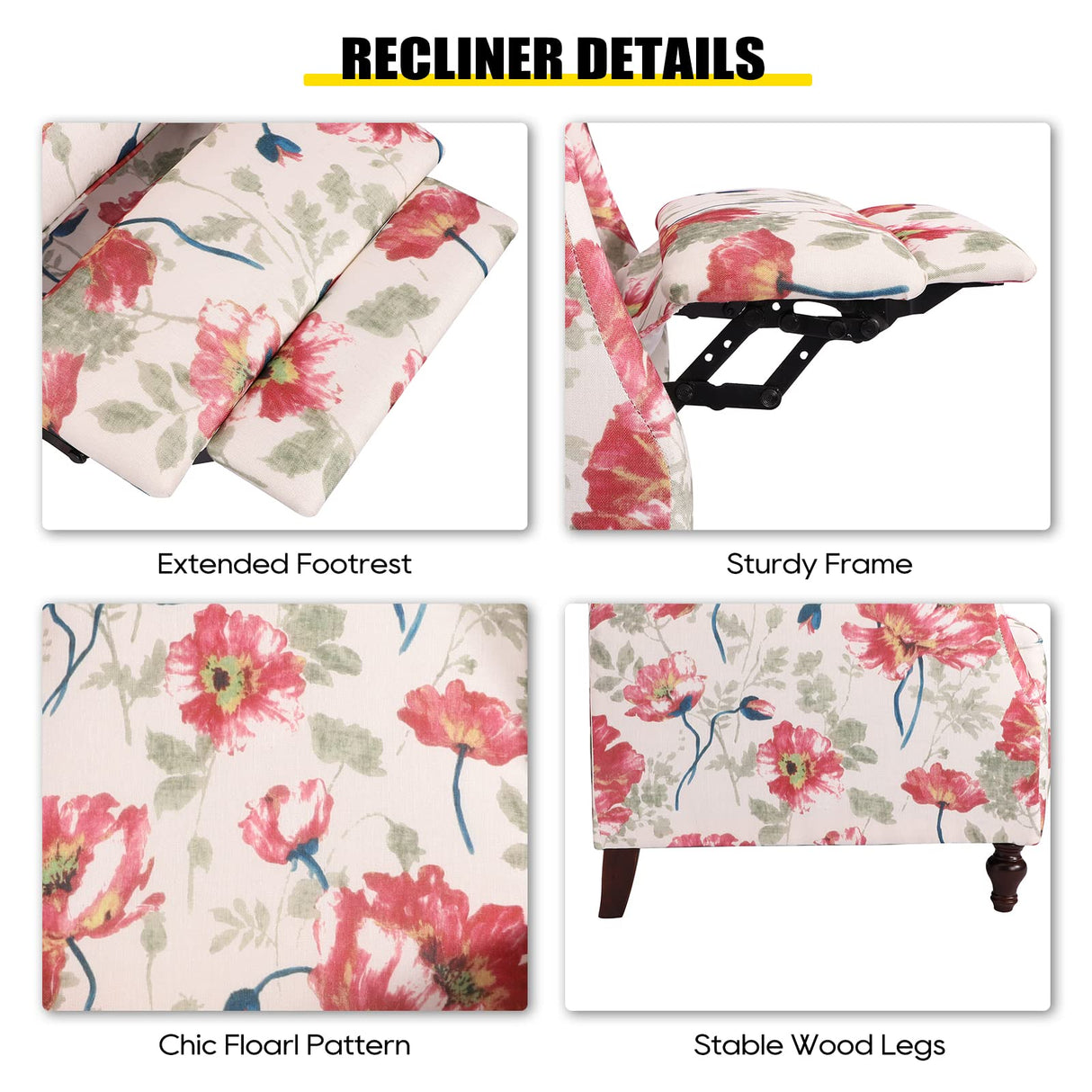 Consofa Upholstered Wingback Recliner Chair, Traditional Push Back Recliner Chair with Padded Seat, Fabric Floral Chair Wingback Recliner with Wooden Legs, Small Recliners for Small Spaces Consofa