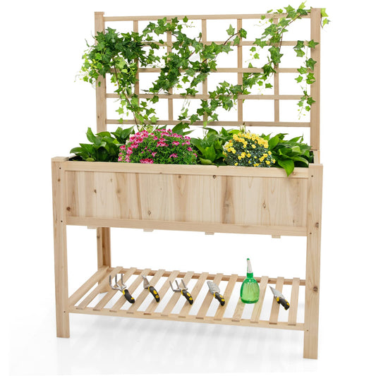 S AFSTAR Raised Garden Bed with Trellis, 48x23x63in Elevated Planter Box with Legs, Bottom Storage Shelf, Planter Liner, Wood Standing Planter Stand for Climbing Plants Flowers Vegetables Herbs