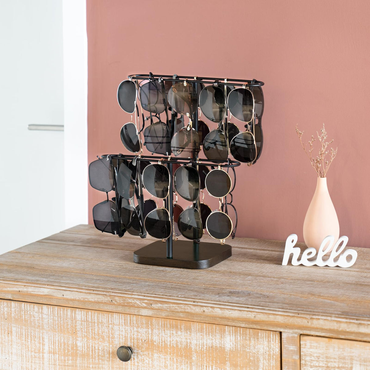 Mkono Sunglasses Organizer Glasses Holder Stand for 24 Pairs of Eyewear, 2 Tier Sunglass Storage Eyeglasses Display Rack Metal Frame with Wood Base for Table Desk Countertop Dresser Bedroom, Black Mkono