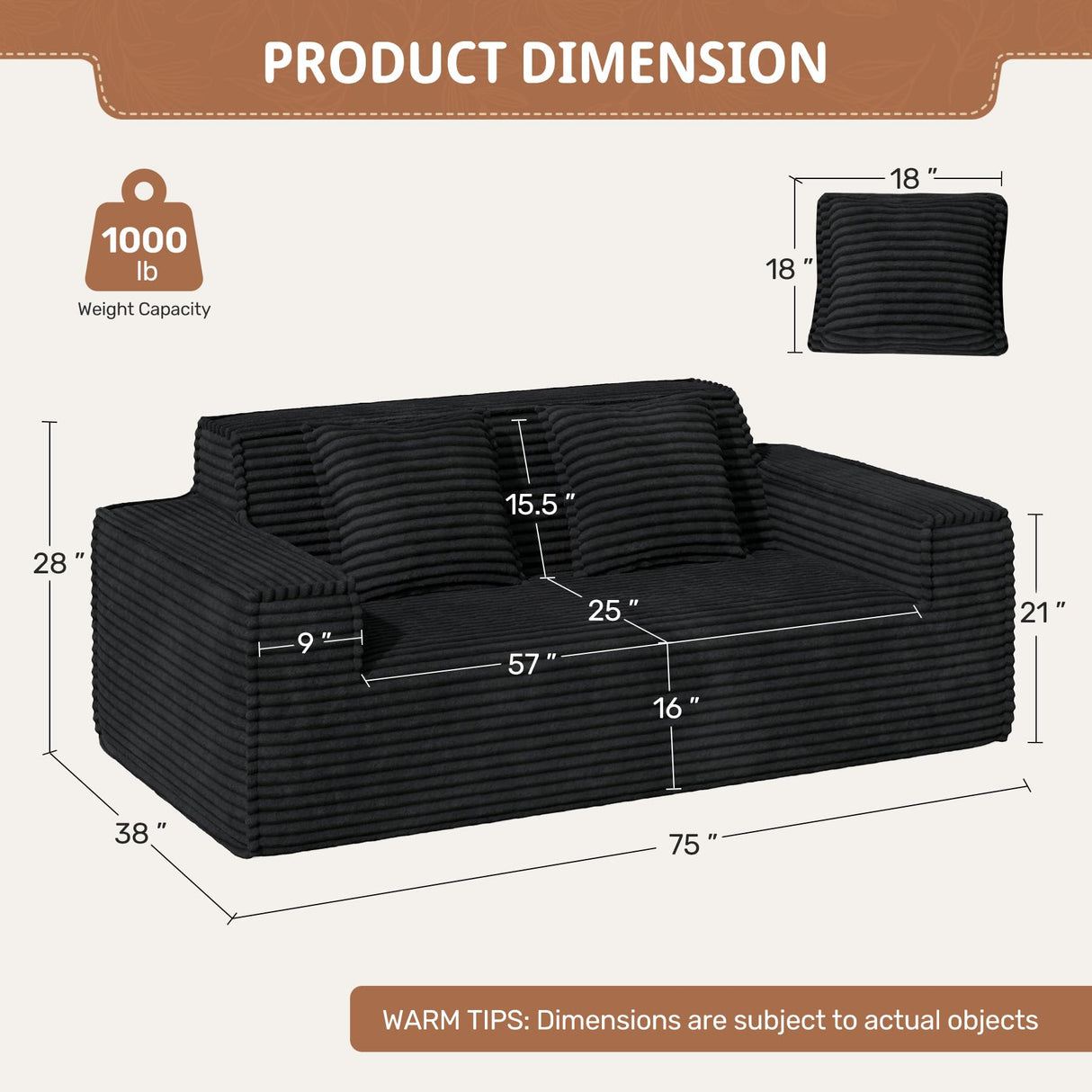 75'' Cloud Loveseat Sofa, No Assembly Required Comfy Deep Seat Couches 1 pcs for Living Room, Bedroom, Apartment Luxanimarion