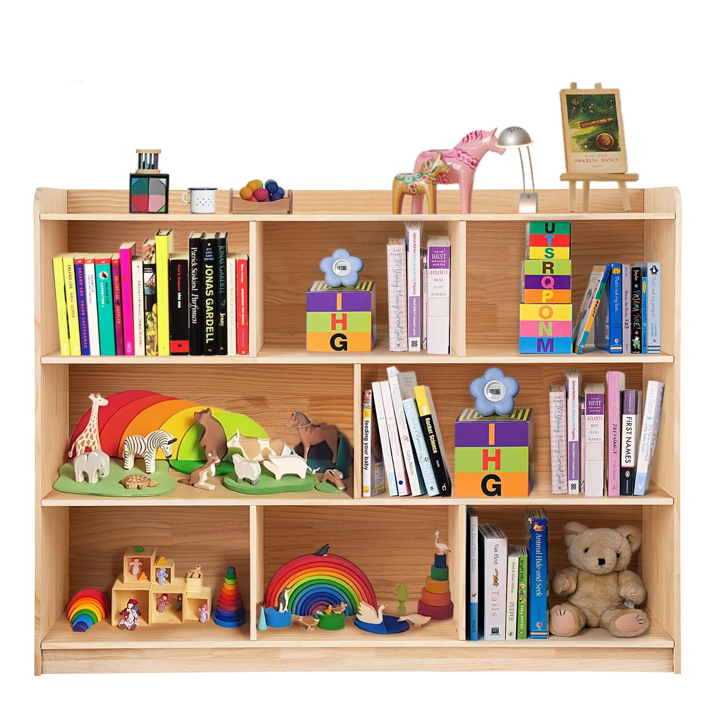 ZBPRESS 8-Compartment Natural Pine Wood Kids Storage Cabinet and Bookshelf - WoodArtSupply