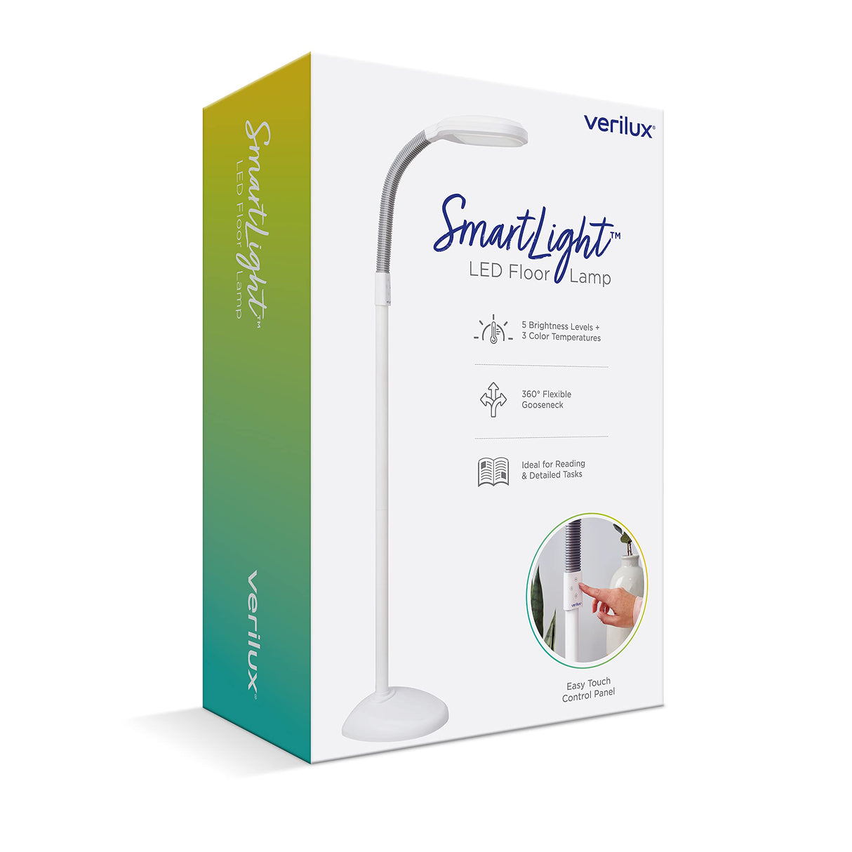 Verilux SmartLight Full Spectrum LED Modern Floor Lamp with Adjustable Brightness, Flexible Gooseneck and Easy Controls - Reduces Eye Strain and Fatigue - Ideal for Reading, Artists, Craft (White) Verilux