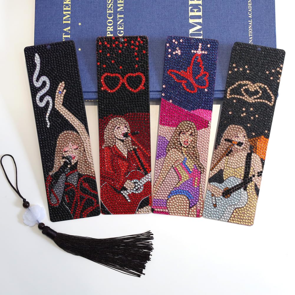 Nikolle Diamond Art Bookmarks, 4 Pcs Acrylic Bookmarks for Book Lovers, DlY Cartoon Diamond Painting Bookmark Kits for Adults, Taylor Gifts for Women Nikolle