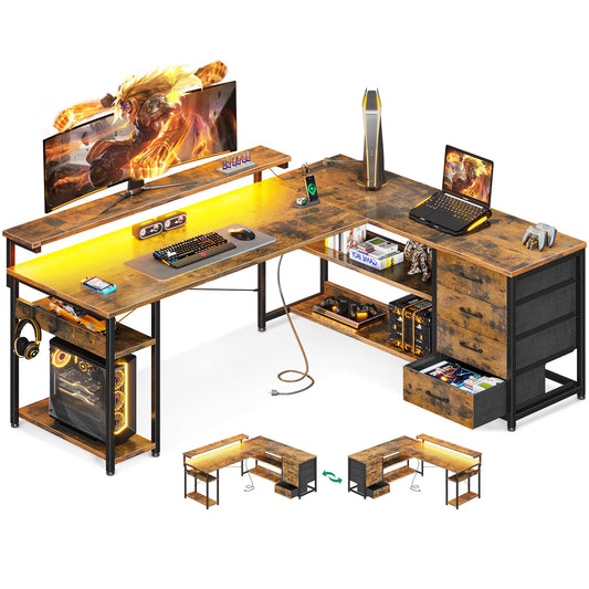 AODK 61" L Shaped Desk with Drawer, Computer Desk with Power Outlets & LED Lights, Reversible Corner Gaming Desk for Home Office Workstation, Office Desk with Monitor Shelf, Vintage